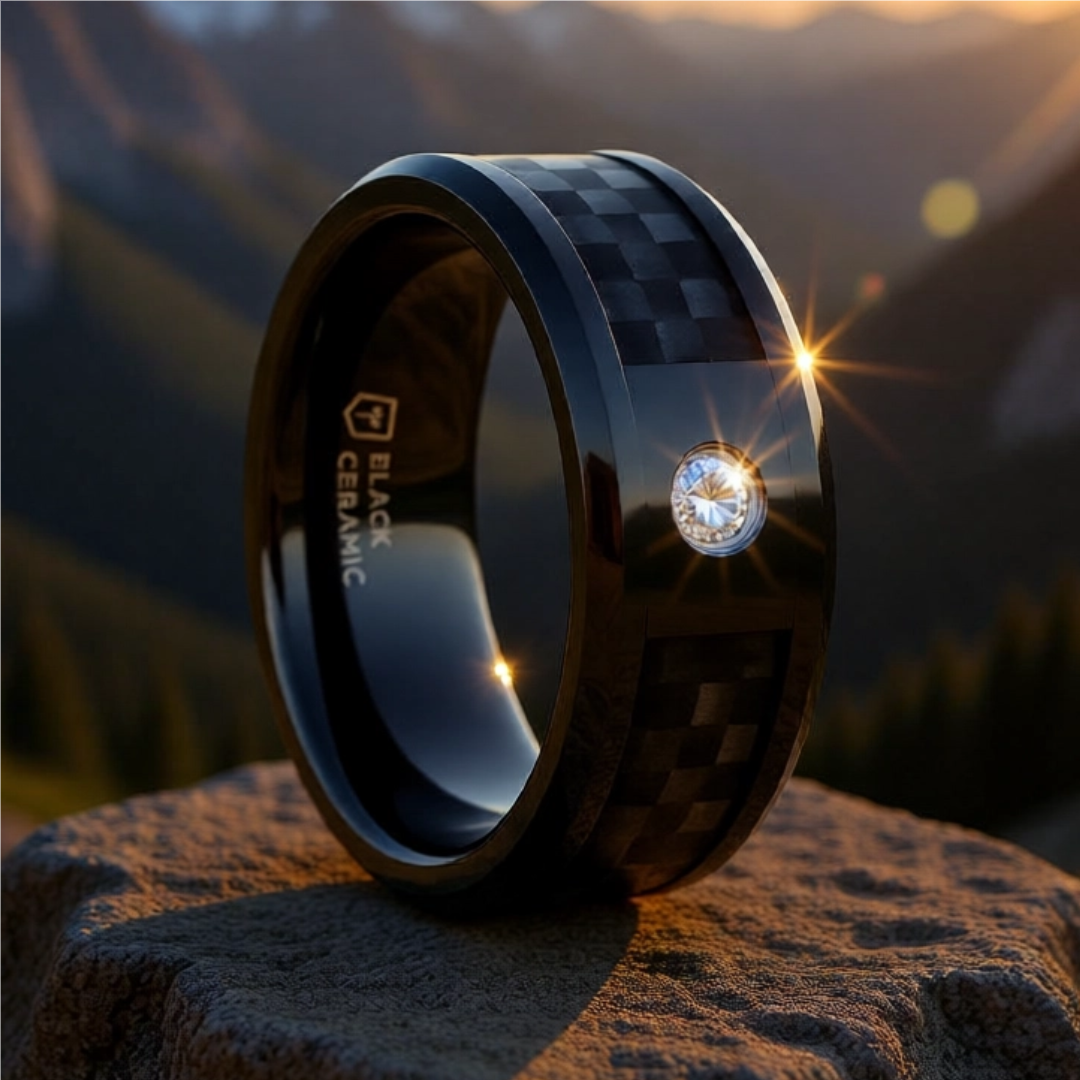 Mens Black Ceramic Black Carbon Fiber Inlay Diamond Wedding Ring - Domed Comfort Fit - 8mm Wide - Style name: ANGUS