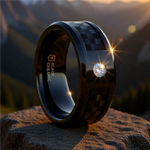 Load image into Gallery viewer, Mens Black Ceramic Black Carbon Fiber Inlay Diamond Wedding Ring - Domed Comfort Fit - 8mm Wide - Style name: ANGUS
