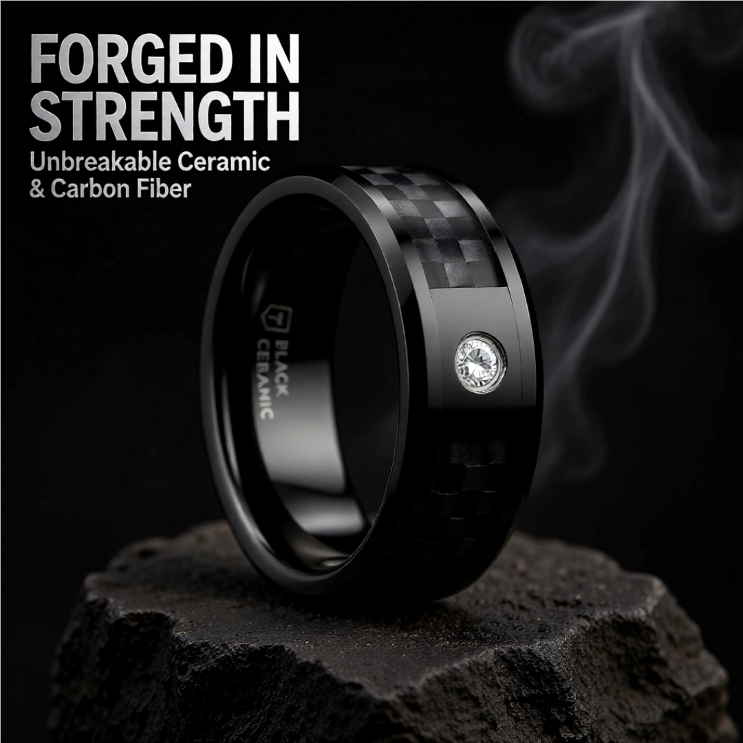 Mens Black Ceramic Black Carbon Fiber Inlay Diamond Wedding Ring - Domed Comfort Fit - 8mm Wide - Style name: ANGUS