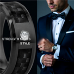 Load image into Gallery viewer, Mens Black Ceramic Black Carbon Fiber Inlay Diamond Wedding Ring - Domed Comfort Fit - 8mm Wide - Style name: ANGUS
