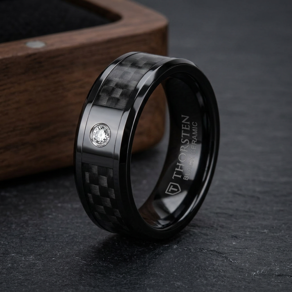 Mens Black Ceramic Black Carbon Fiber Inlay Diamond Wedding Ring - Domed Comfort Fit - 8mm Wide - Style name: ANGUS