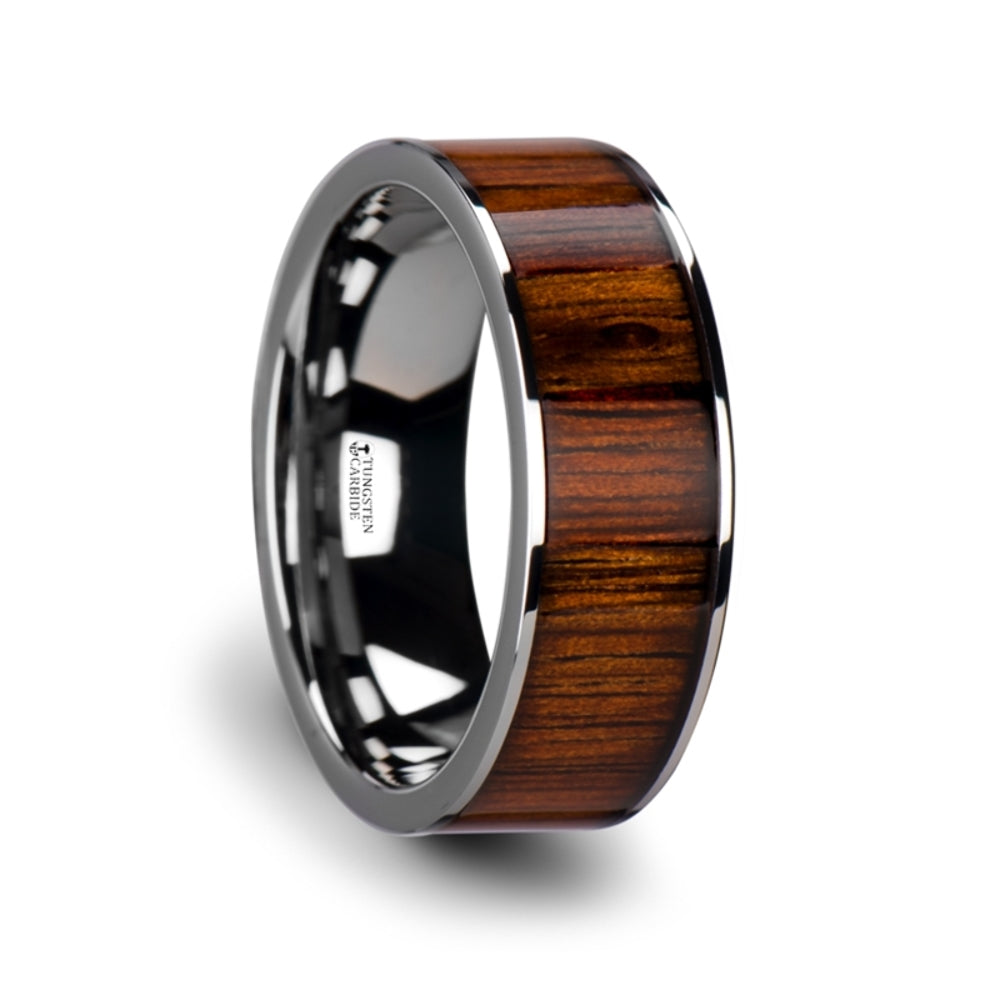 Mens Tungsten Carbide Beveled Edged Diamond Koa Wood Inlay Wedding Ring - Polished Edged Comfort Fit - 8mm Wide - Style name: KAHUNA