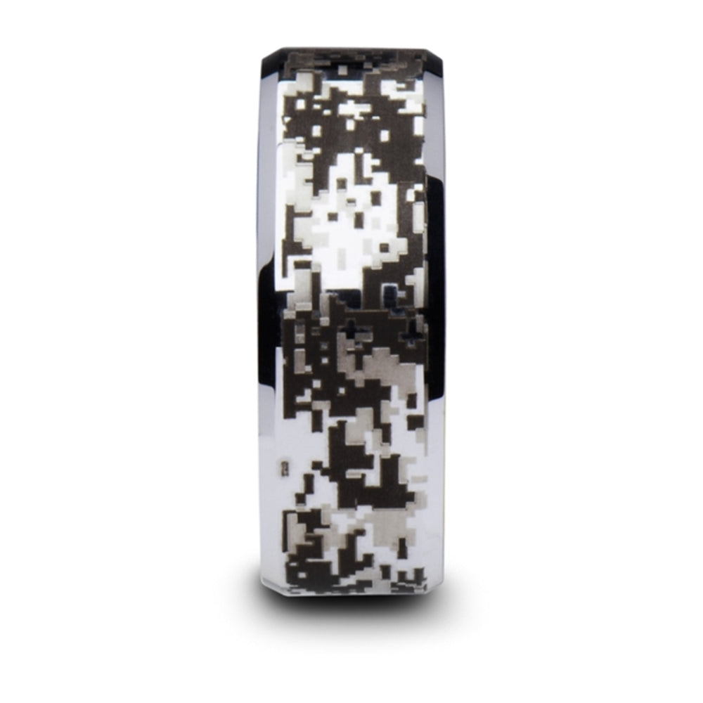 Mens Tungsten Carbide Engraved Digital Camouflage Wedding Ring - Polished Beveled Comfort Fit - 8mm Wide - Style name: STEALTH