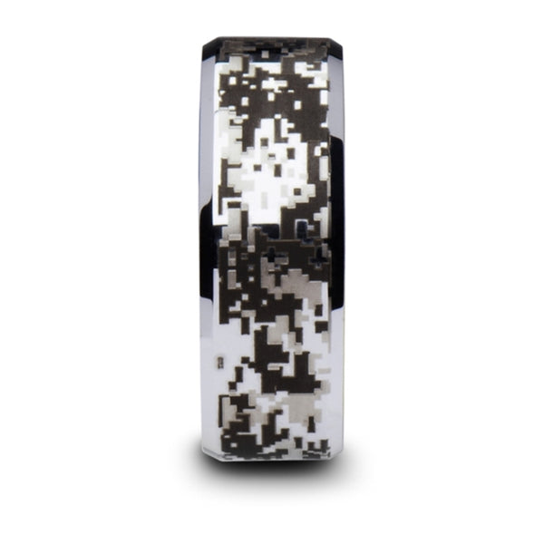 Mens Tungsten Carbide Engraved Digital Camouflage Wedding Ring - Polished Beveled Comfort Fit - 8mm Wide - Style name: STEALTH