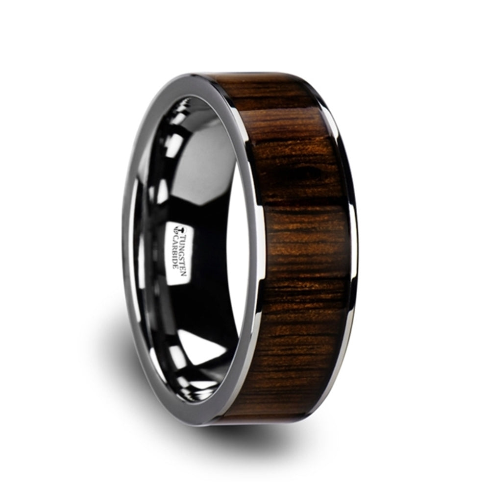 Mens Tungsten Black Walnut Wood Inlay Wedding Ring - Flat Polished Edged Comfort Fit - 6mm 7mm 8mm 10mm Wide - Style name: BOKKEN