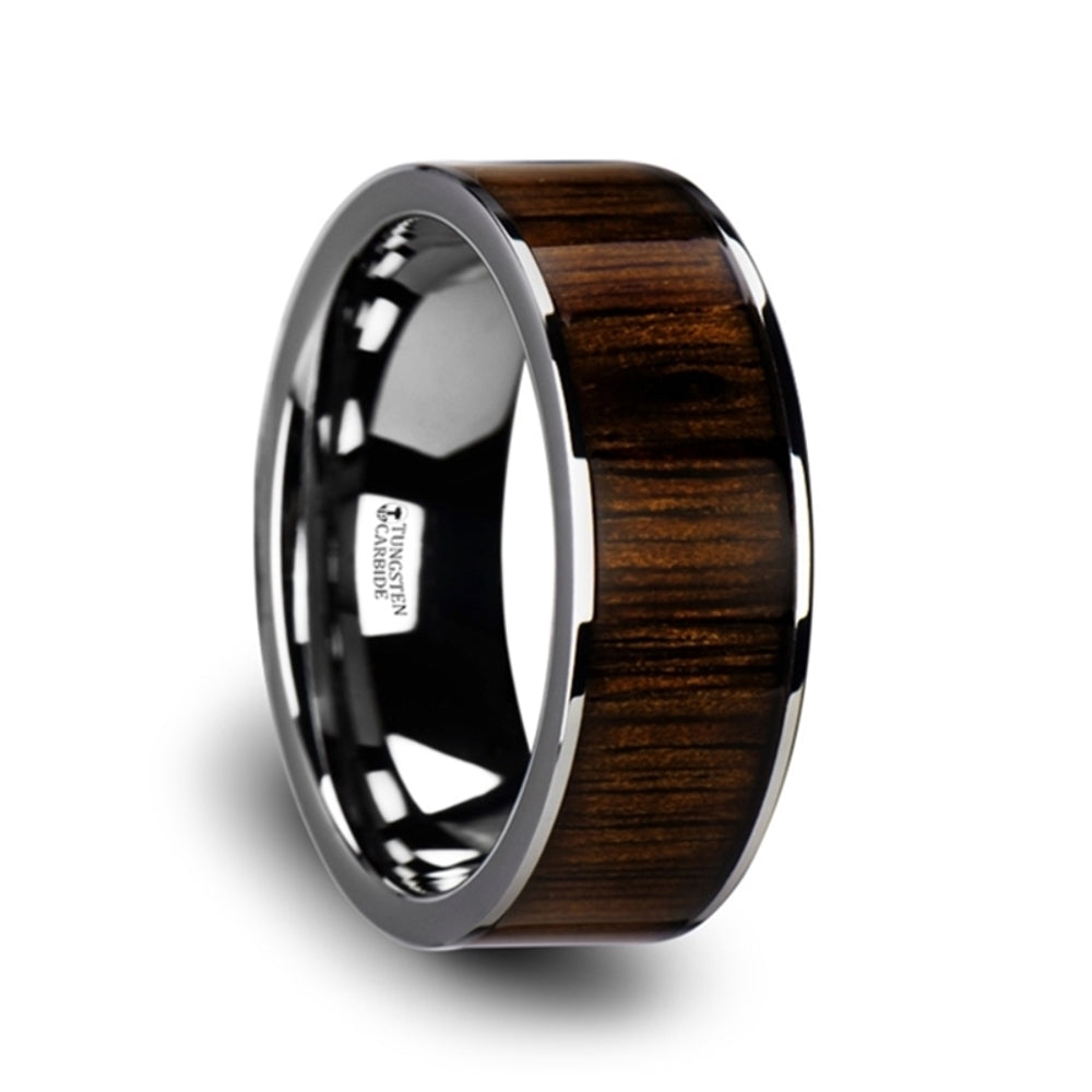 Mens Tungsten Black Walnut Wood Inlay Wedding Ring - Flat Polished Edged Comfort Fit - 6mm 7mm 8mm 10mm Wide - Style name: BOKKEN