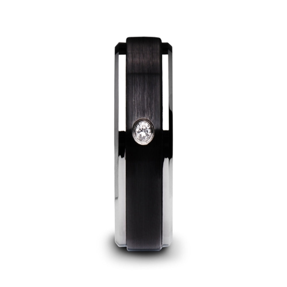 Mens Black Ceramic Polished Beveled Step Edges Diamond Wedding Ring - Raised Brush Center Comfort Fit - 6mm 8mm Wide - Style name: MONARCH