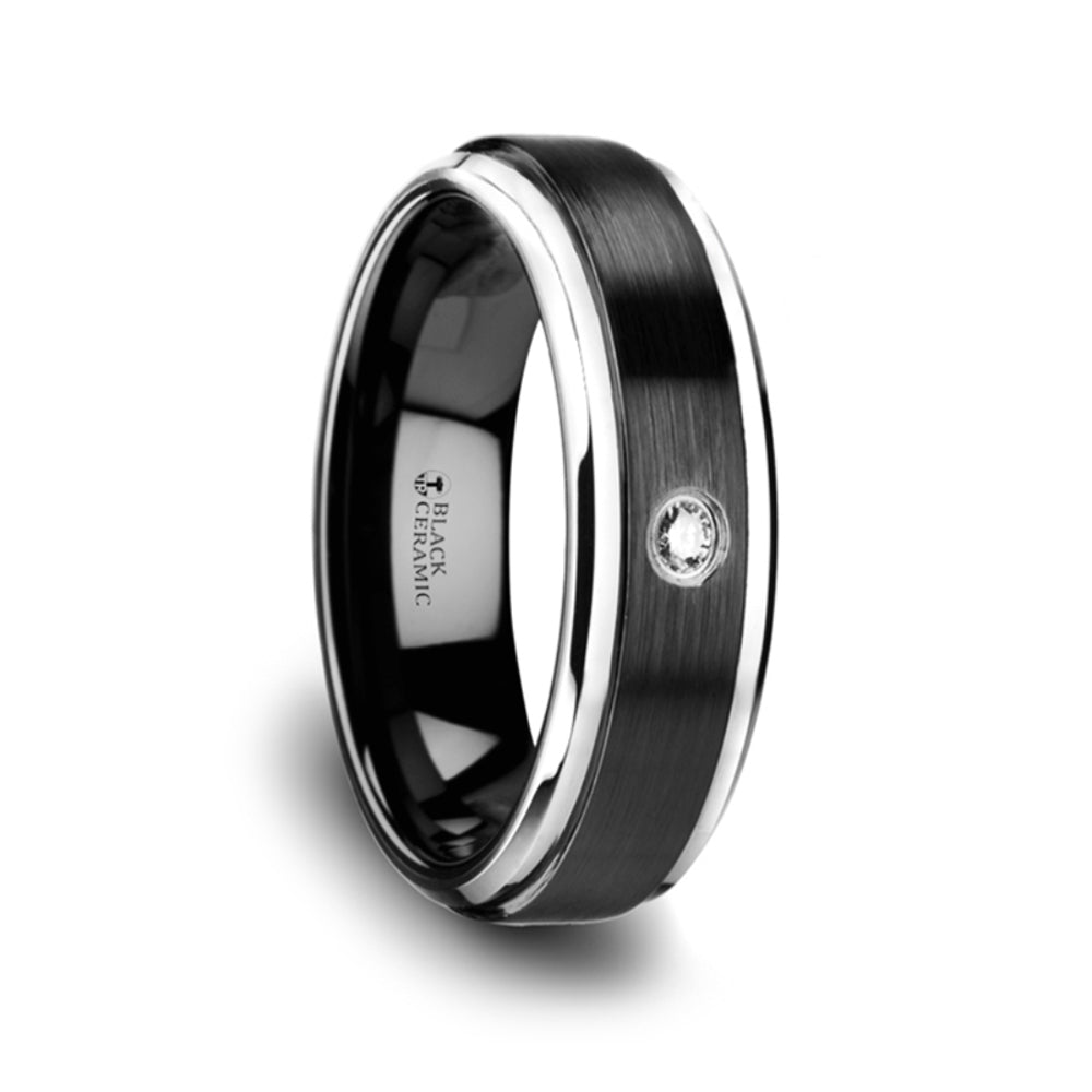 Mens Black Ceramic Polished Beveled Step Edges Diamond Wedding Ring - Raised Brush Center Comfort Fit - 6mm 8mm Wide - Style name: MONARCH