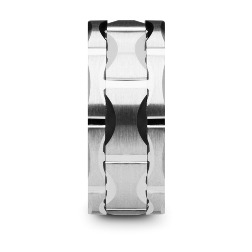 Mens Tungsten Carbide Crescent Pattern Wedding Ring - Brushed Finish Comfort Fit - 10mm Wide - Style name: KANYE