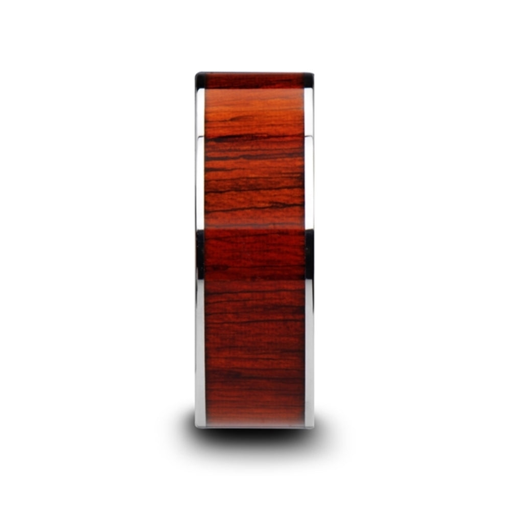Mens Flat Tungsten Carbide Exotic Padauk Wood Inlay Wedding Ring - Polished Edges Comfort Fit - 8mm Wide - Style name: CLAYMORE