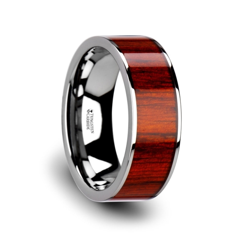 Mens Flat Tungsten Carbide Exotic Padauk Wood Inlay Wedding Ring - Polished Edges Comfort Fit - 8mm Wide - Style name: CLAYMORE