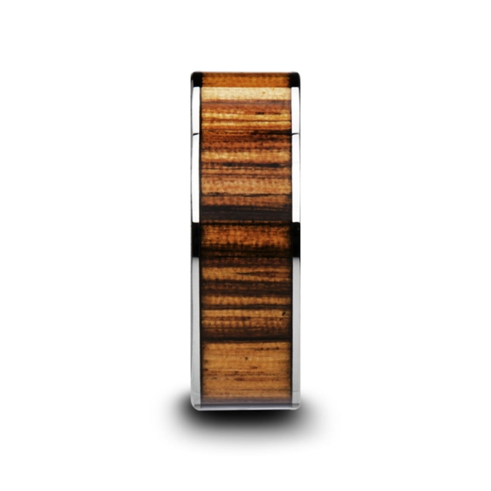Mens Flat Tungsten Carbide Real Zebra Wood Inlay Wedding Ring - Polished Edged Comfort Fit - 8mm Wide - Style name: COPAN