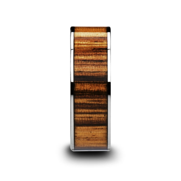 Mens Flat Tungsten Carbide Real Zebra Wood Inlay Wedding Ring - Polished Edged Comfort Fit - 8mm Wide - Style name: COPAN