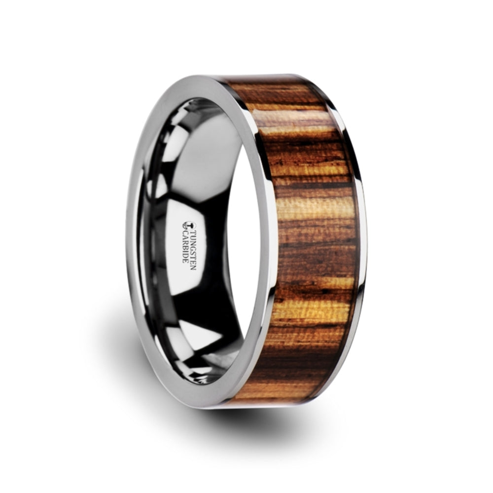 Mens Flat Tungsten Carbide Real Zebra Wood Inlay Wedding Ring - Polished Edged Comfort Fit - 8mm Wide - Style name: COPAN