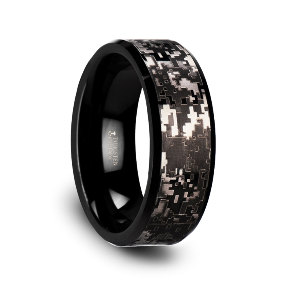 Mens Black Tungsten Carbide Engraved Black Digital Camouflage Wedding Ring - Polished Comfort Fit - 8mm Wide - Style name: SMOKESCREEN
