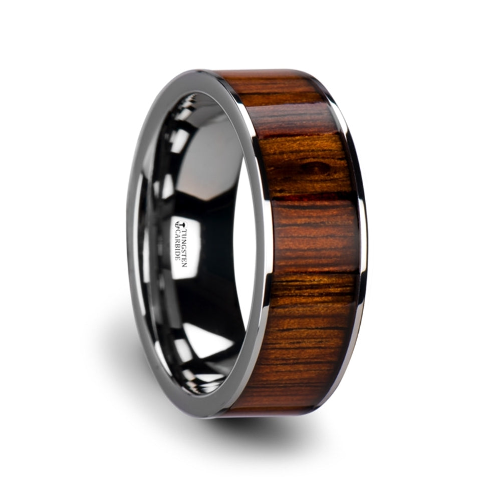 Mens Tungsten Carbide Rare Koa Wood Inlay Wedding Ring - Flat Polished Comfort Fit - 6mm 7mm 8mm 10mm Wide - Style name: KALANI