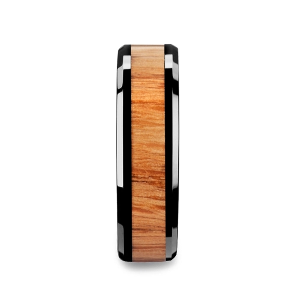 Mens Black Ceramic Red Oak Wood Inlaid Wedding Ring - Beveled Comfort Fit - 6mm 8mm 10mm Wide - Style name: OBLIVION