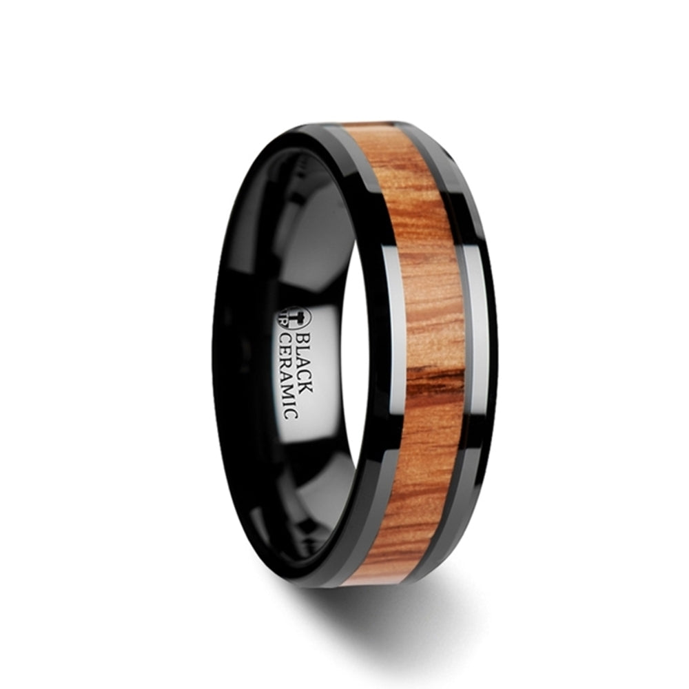 Mens Black Ceramic Red Oak Wood Inlaid Wedding Ring - Beveled Comfort Fit - 6mm 8mm 10mm Wide - Style name: OBLIVION