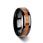 Load image into Gallery viewer, Mens Black Ceramic Red Oak Wood Inlaid Wedding Ring - Beveled Comfort Fit - 6mm 8mm 10mm Wide - Style name: OBLIVION
