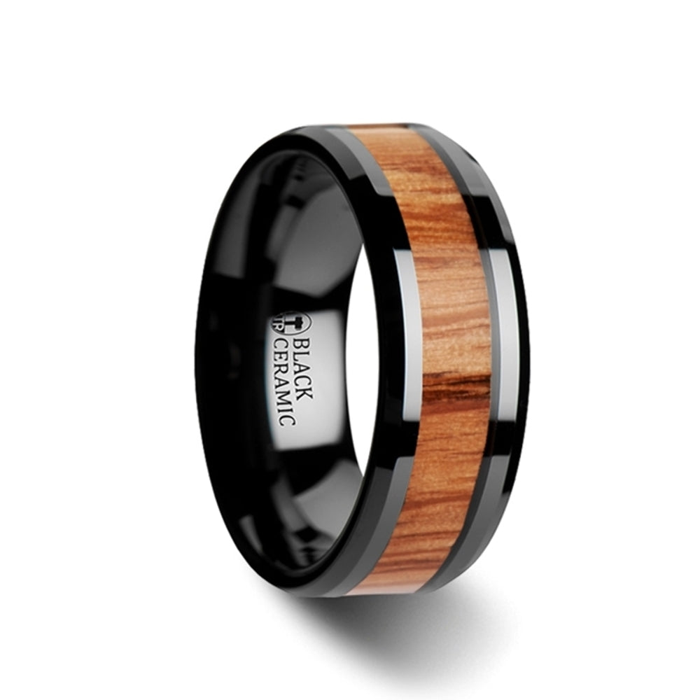 Mens Black Ceramic Red Oak Wood Inlaid Wedding Ring - Beveled Comfort Fit - 6mm 8mm 10mm Wide - Style name: OBLIVION