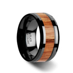 Load image into Gallery viewer, Mens Black Ceramic Red Oak Wood Inlaid Wedding Ring - Beveled Comfort Fit - 6mm 8mm 10mm Wide - Style name: OBLIVION
