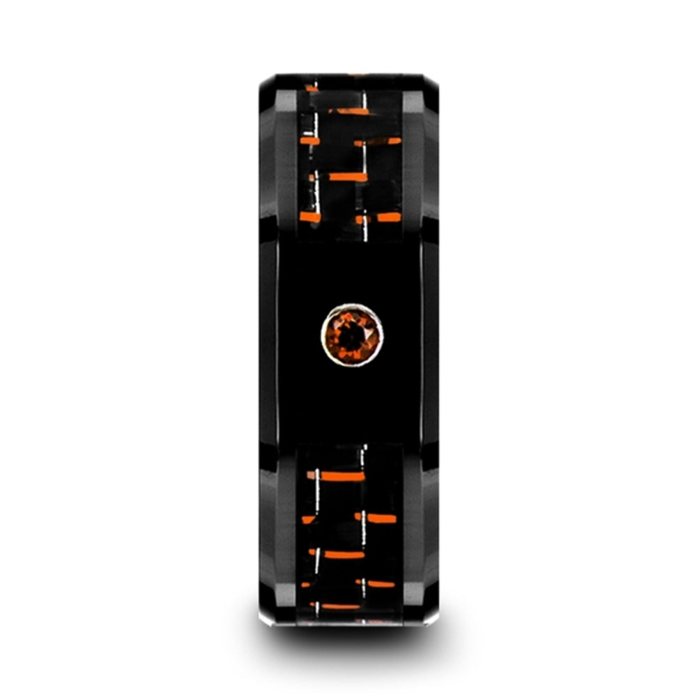 Mens Black Ceramic Black and Orange Carbon Fiber Padparadscha Setting Wedding Ring - Beveled Comfort Fit - 8mm Wide - Style name: HELSING