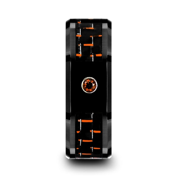 Mens Black Ceramic Black and Orange Carbon Fiber Padparadscha Setting Wedding Ring - Beveled Comfort Fit - 8mm Wide - Style name: HELSING