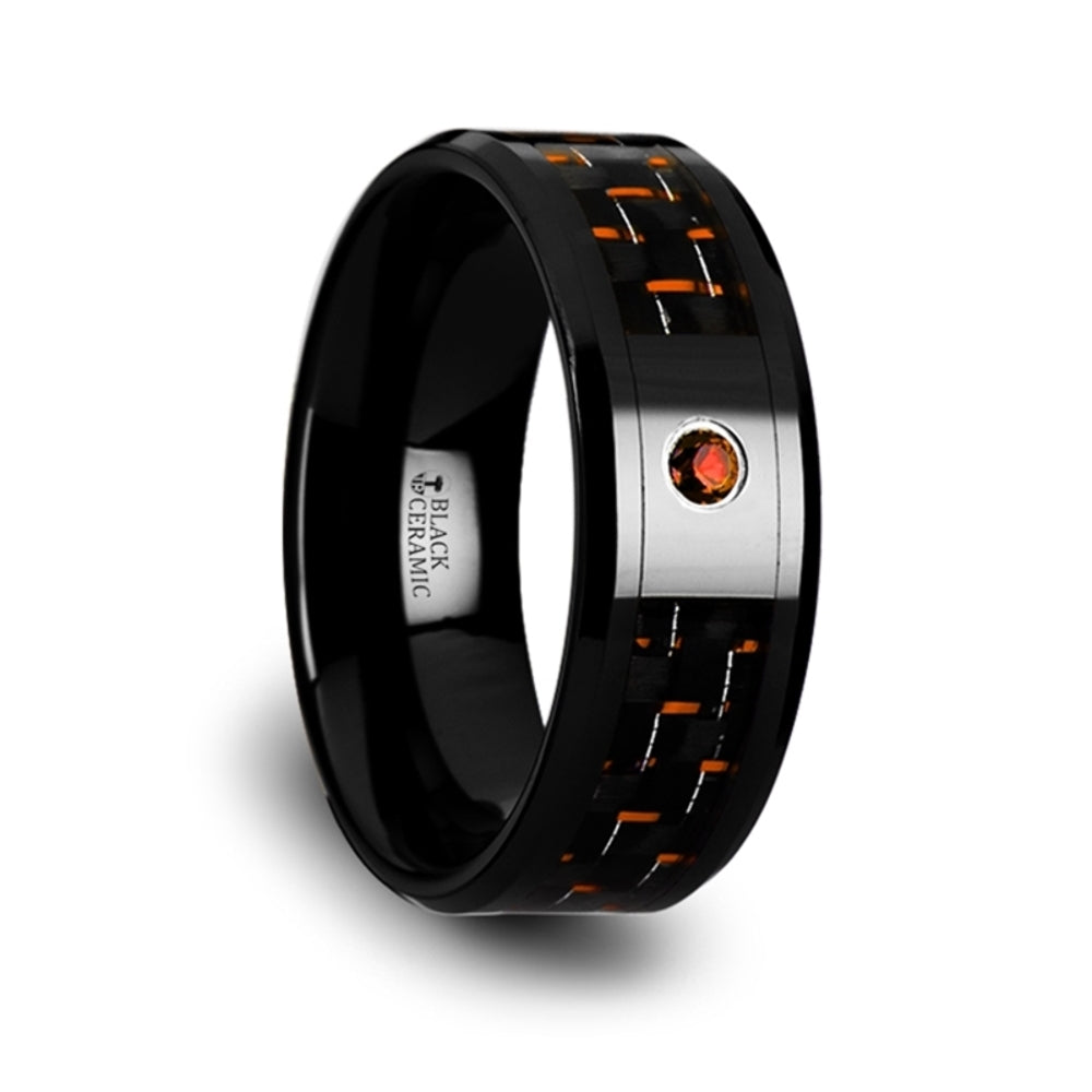 Mens Black Ceramic Black and Orange Carbon Fiber Padparadscha Setting Wedding Ring - Beveled Comfort Fit - 8mm Wide - Style name: HELSING