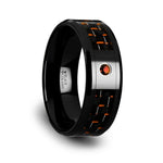Load image into Gallery viewer, Mens Black Ceramic Black and Orange Carbon Fiber Padparadscha Setting Wedding Ring - Beveled Comfort Fit - 8mm Wide - Style name: HELSING
