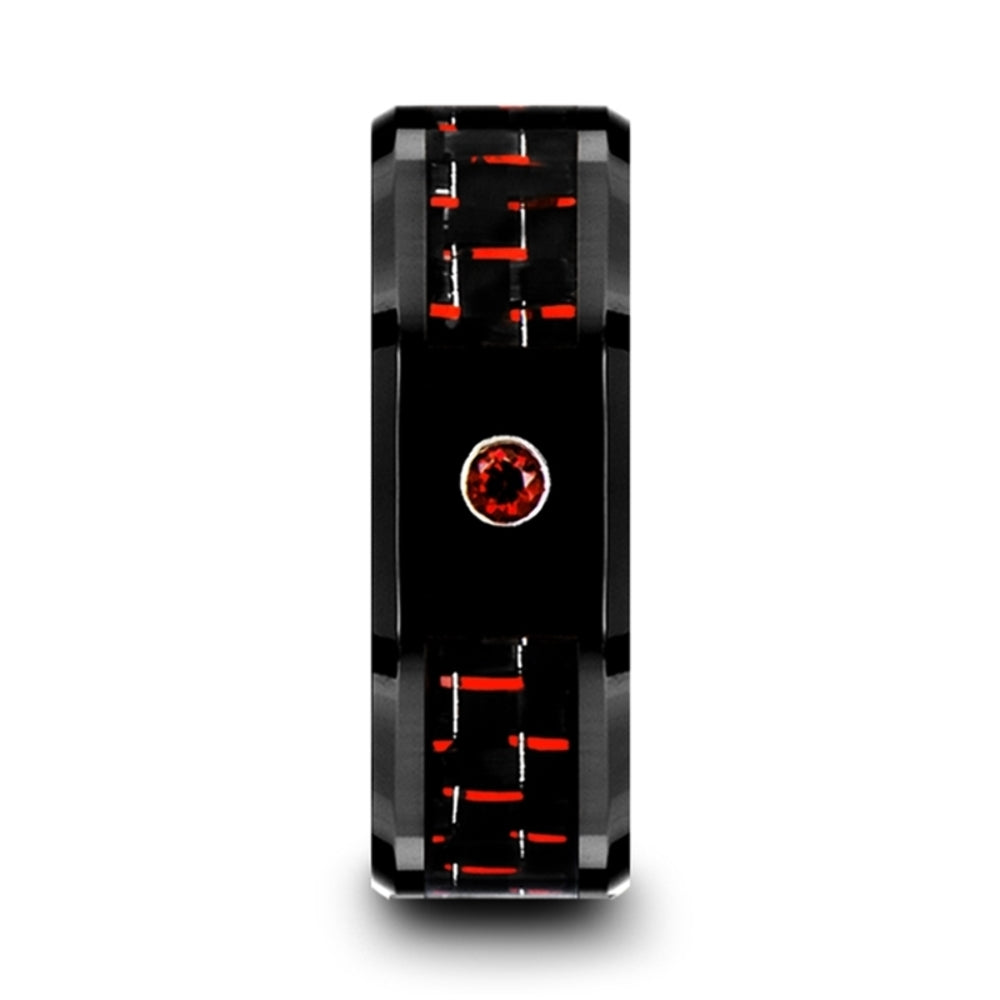 Mens Black Ceramic Black and Red Carbon Fiber Red Ruby Setting Wedding Ring - Beveled Comfort Fit - 8mm Wide - Style name: SORRELL
