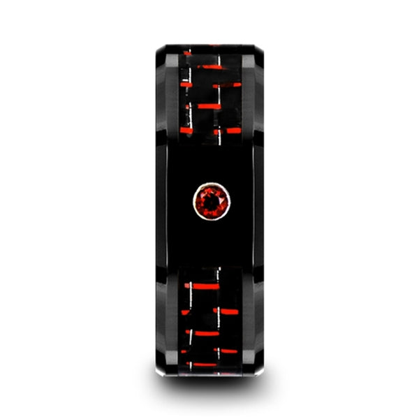 Mens Black Ceramic Black and Red Carbon Fiber Red Ruby Setting Wedding Ring - Beveled Comfort Fit - 8mm Wide - Style name: SORRELL