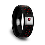 Load image into Gallery viewer, Mens Black Ceramic Black and Red Carbon Fiber Red Ruby Setting Wedding Ring - Beveled Comfort Fit - 8mm Wide - Style name: SORRELL
