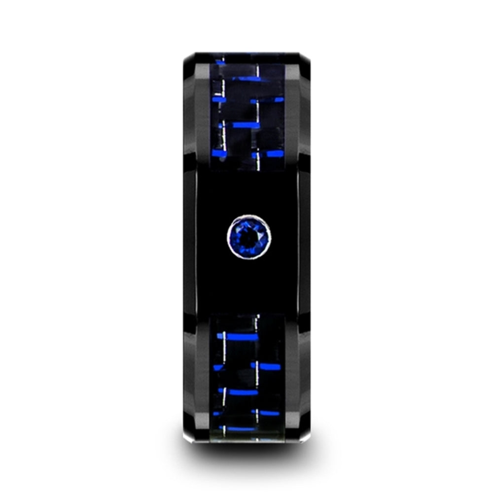 Mens Black Ceramic Blue Sapphire Setting Wedding Ring - Black And Blue Carbon Fiber Comfort Fit - 8mm Wide - Style name: ODELL