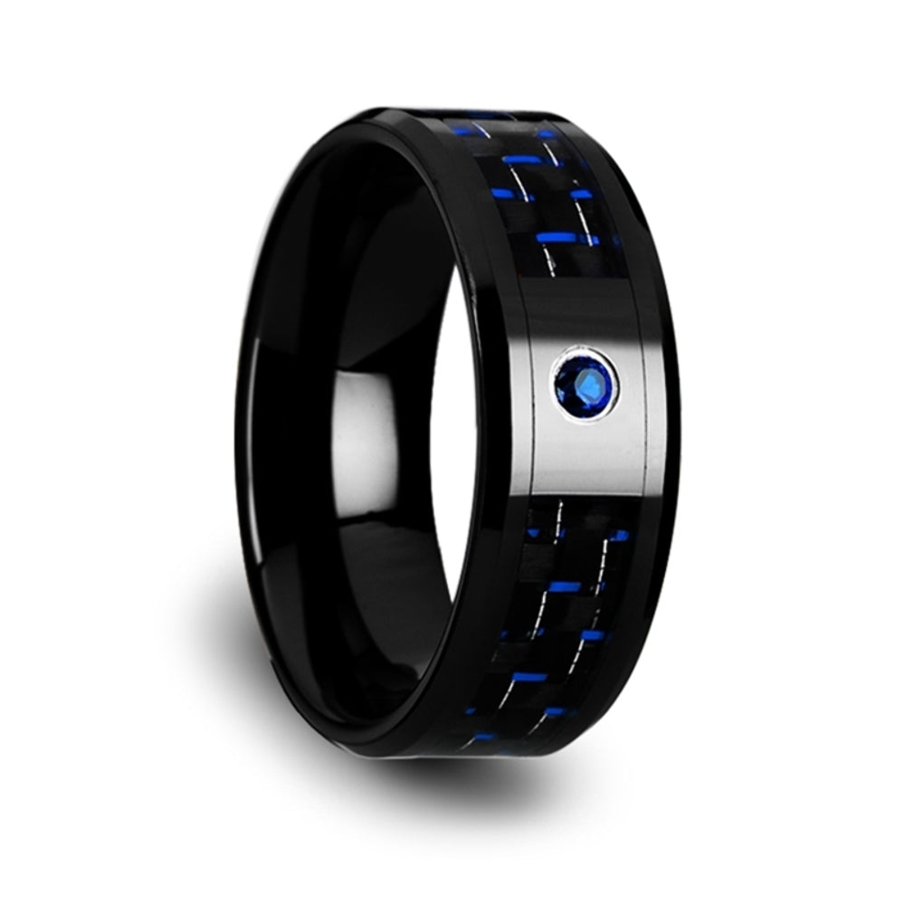 Mens Black Ceramic Blue Sapphire Setting Wedding Ring - Black And Blue Carbon Fiber Comfort Fit - 8mm Wide - Style name: ODELL