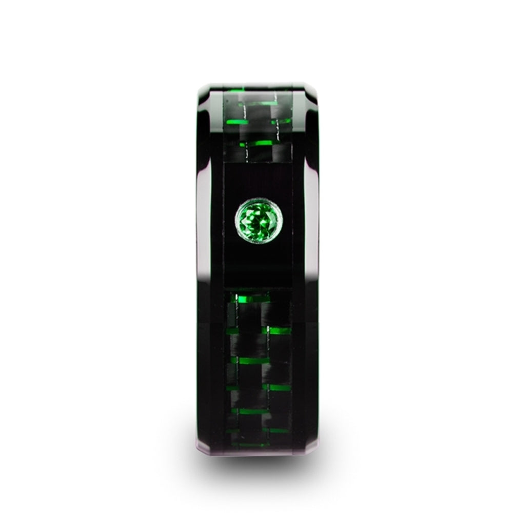 Mens Black Ceramic Black And Green Carbon Fiber Emerald Setting Wedding Ring - Polished Comfort Fit - 8mm Wide - Style name: HADAR
