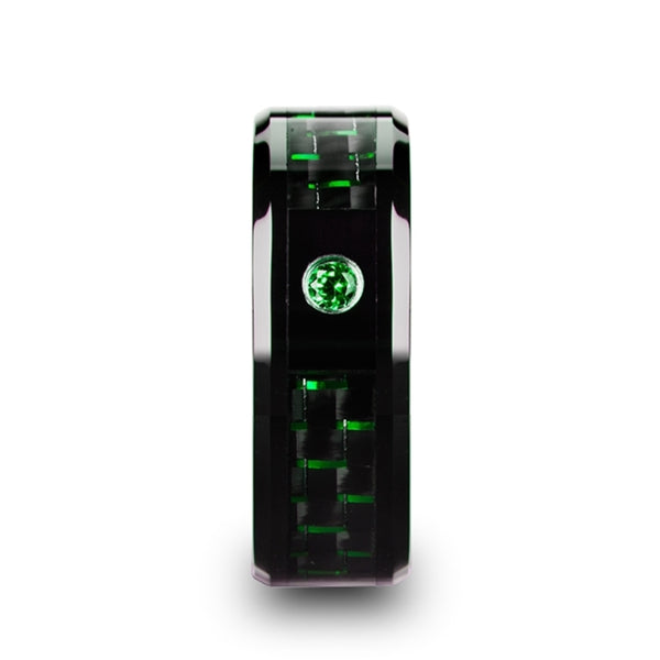Mens Black Ceramic Black And Green Carbon Fiber Emerald Setting Wedding Ring - Polished Comfort Fit - 8mm Wide - Style name: HADAR