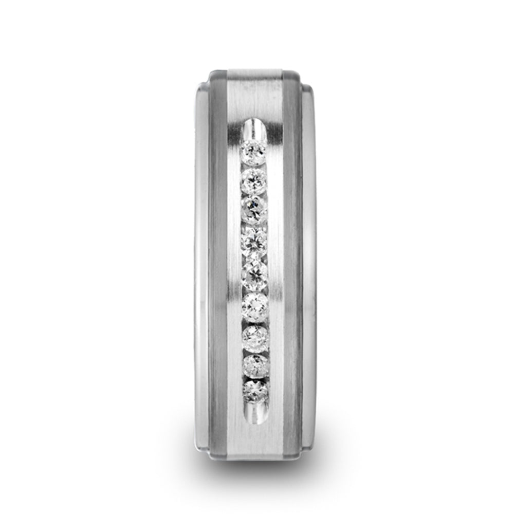 Mens Tungsten Raised Center & Brushed Silver Inlay 9 White Diamonds Wedding Ring - Polished Comfort Fit - 8mm Wide - Style name: HARPER
