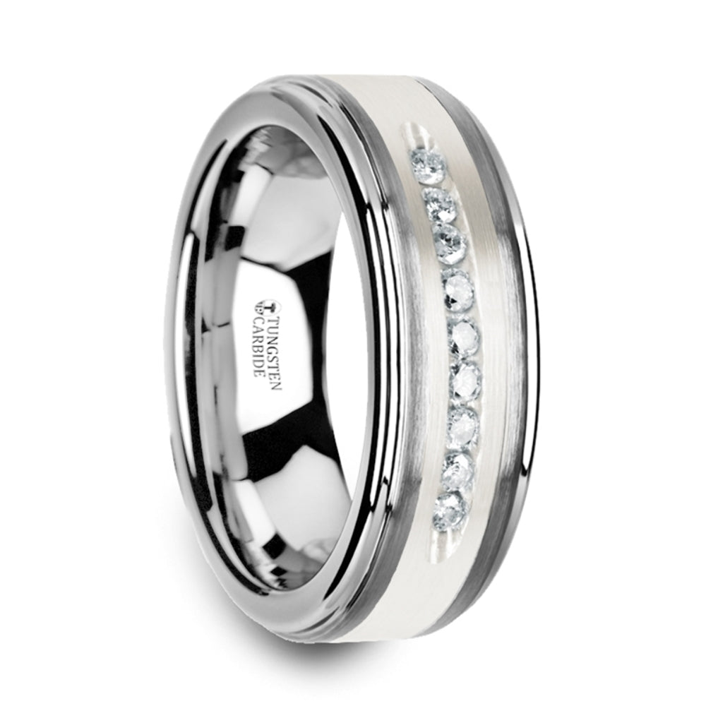 Mens Tungsten Raised Center & Brushed Silver Inlay 9 White Diamonds Wedding Ring - Polished Comfort Fit - 8mm Wide - Style name: HARPER
