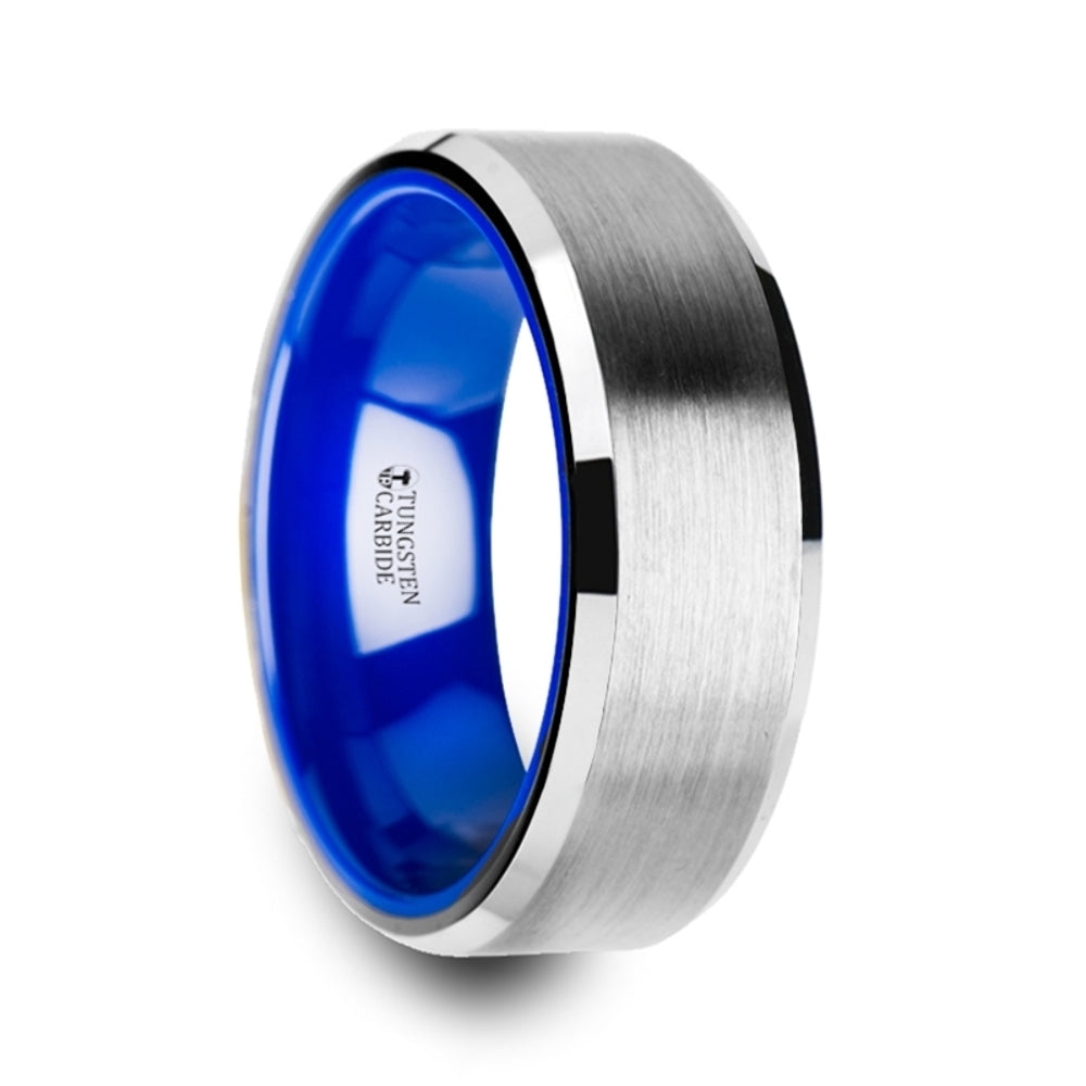 Mens Tungsten Brushed Center Deep Blue inside color Wedding Ring - Beveled Comfort Fit - 8mm Wide - Style name: SIRIUS