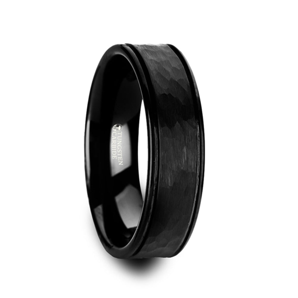 Mens Tungsten Carbide Black Dual Offset Grooves Polished Edges Wedding Ring - Hammered Finish Comfort Fit - 6mm 8mm Wide - Style name: JOINER