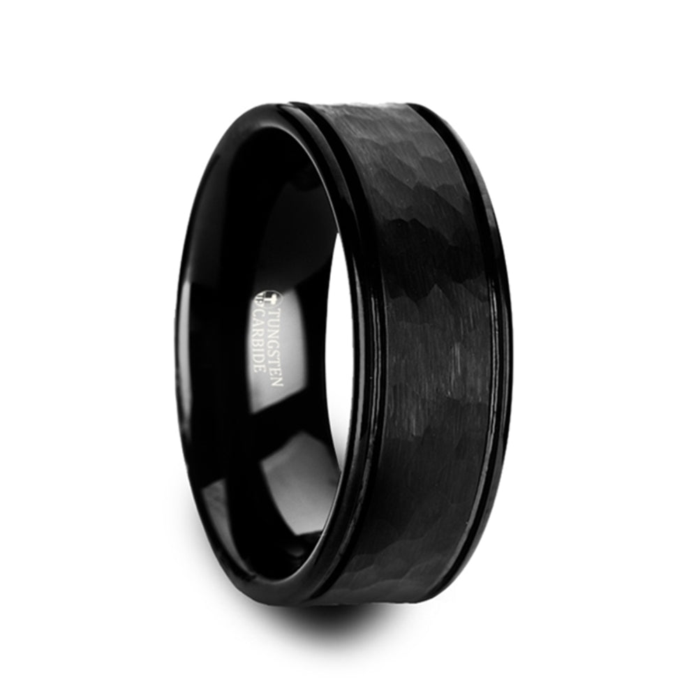 Mens Tungsten Carbide Black Dual Offset Grooves Polished Edges Wedding Ring - Hammered Finish Comfort Fit - 6mm 8mm Wide - Style name: JOINER