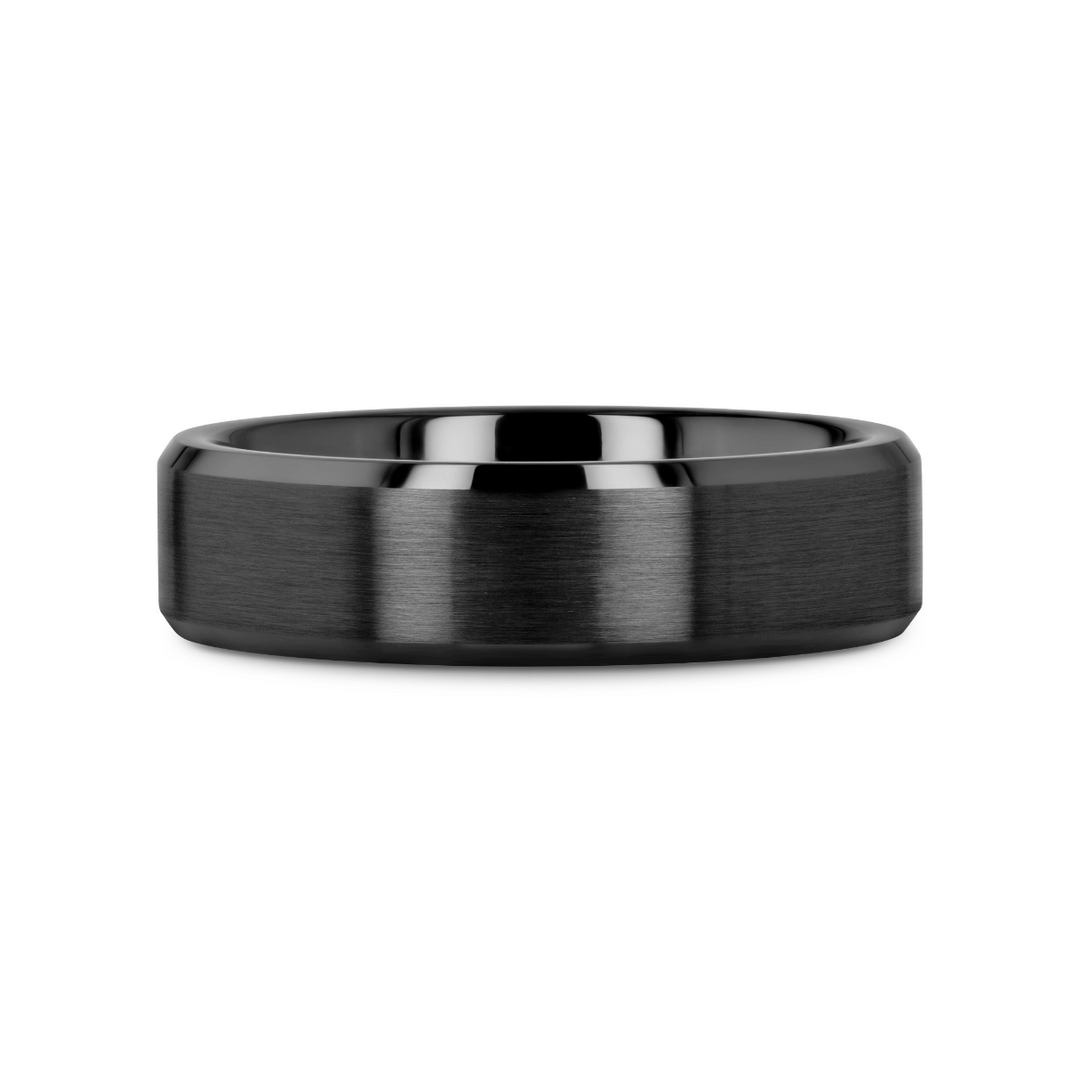 Mens Black Ceramic Beveled Edges Wedding Ring - Brushed Finish Comfort Fit - 6mm 8mm Wide - Style name: YORKSHIRE