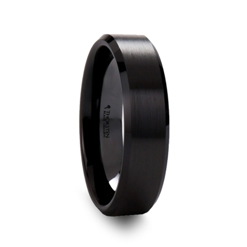 Mens Black Ceramic Beveled Edges Wedding Ring - Brushed Finish Comfort Fit - 6mm 8mm Wide - Style name: YORKSHIRE