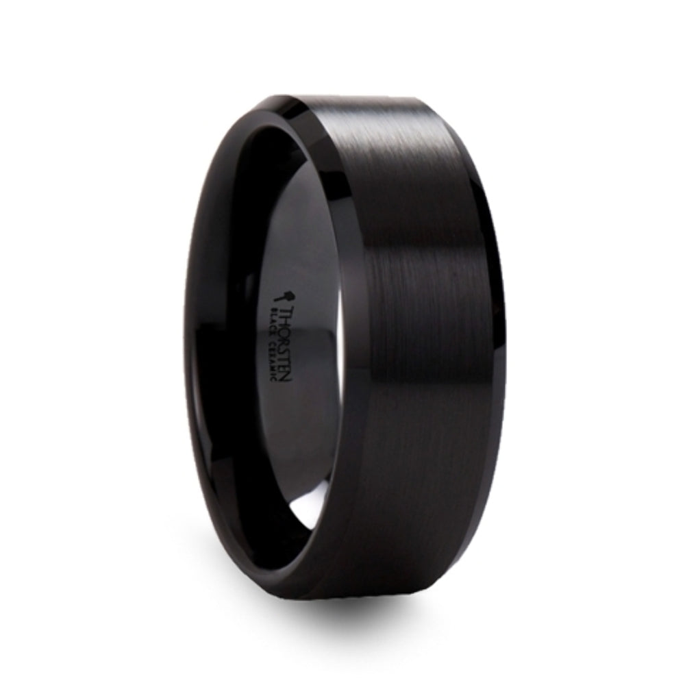 Mens Black Ceramic Beveled Edges Wedding Ring - Brushed Finish Comfort Fit - 6mm 8mm Wide - Style name: YORKSHIRE