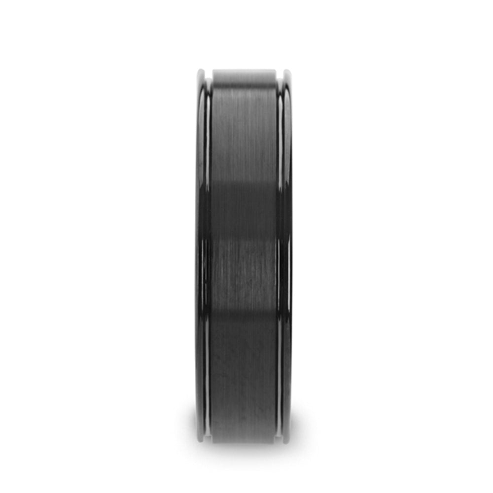 Mens Black Ceramic Dual Offset Grooves Flat Brushed Finish Center Wedding Ring - Polished Edges Comfort Fit - 6mm 8mm Wide - Style name: BLACKHEART