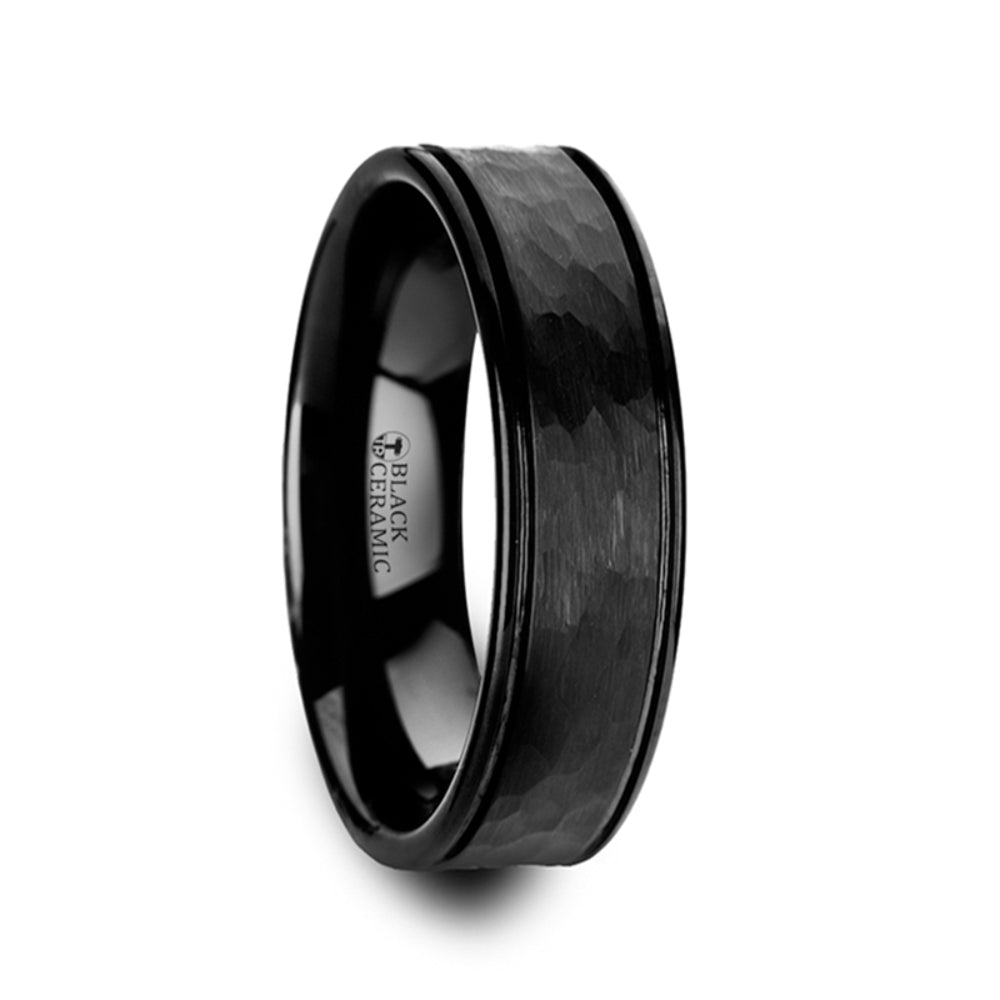 Mens Black Ceramic Hammered Finish Dual Offset Grooves Wedding Ring - Polished Comfort Fit - 6mm 8mm Wide - Style name: REVENANT