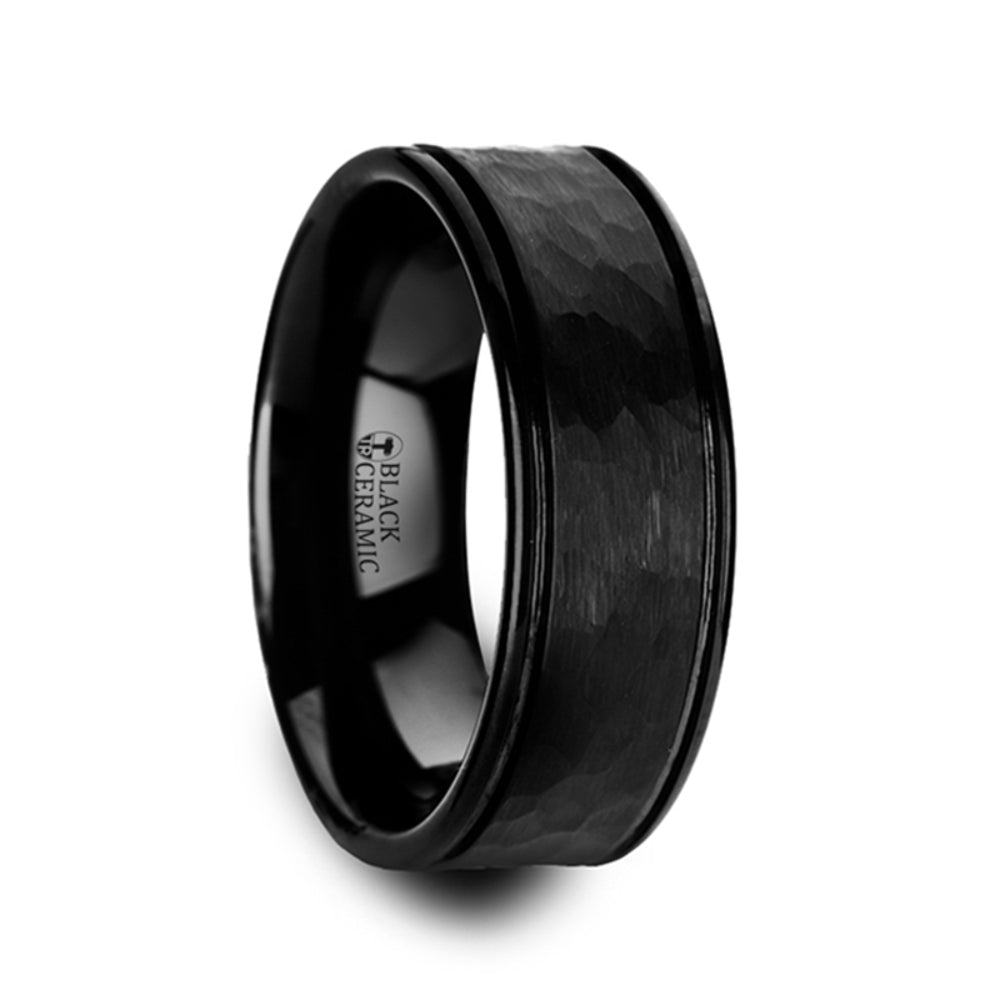 Mens Black Ceramic Hammered Finish Dual Offset Grooves Wedding Ring - Polished Comfort Fit - 6mm 8mm Wide - Style name: REVENANT