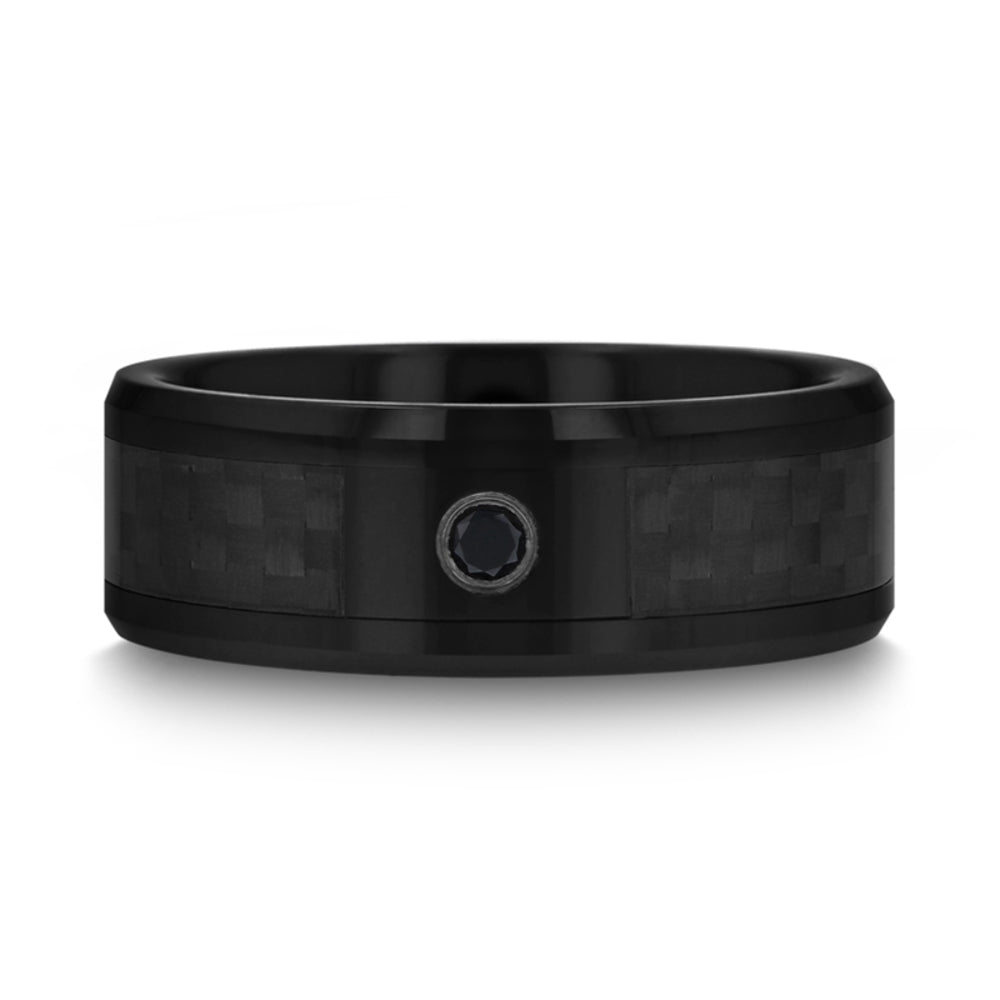 Mens Black Ceramic Black Diamond Wedding Ring - Black Carbon Fiber Inlay Comfort Fit - 8mm Wide - Style name: ABERDEEN