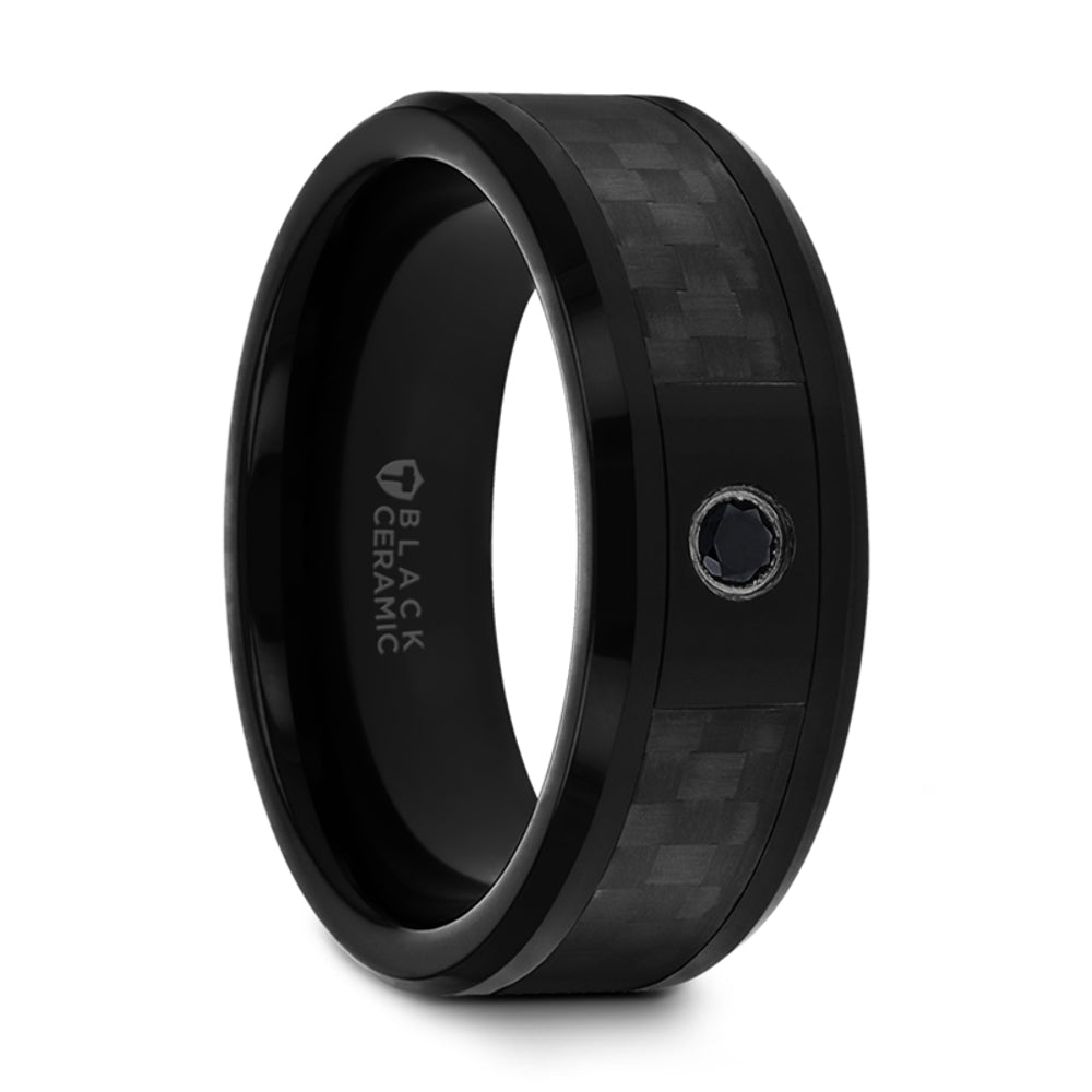 Mens Black Ceramic Black Diamond Wedding Ring - Black Carbon Fiber Inlay Comfort Fit - 8mm Wide - Style name: ABERDEEN