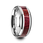 Load image into Gallery viewer, Mens Tungsten Carbide Purpleheart Wood Inlaid Wedding Ring - Beveled Comfort Fit - 8mm Wide - Style name: MAUVE
